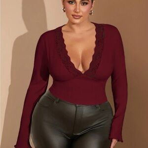 Elegant Burgundy Lace Trim Top